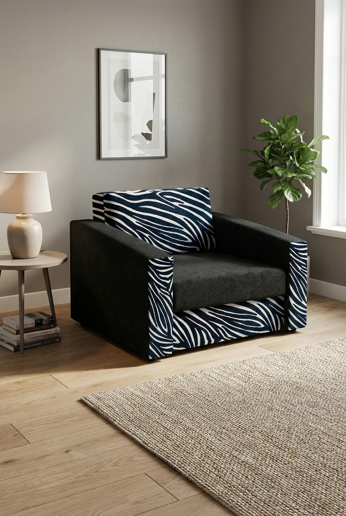Aranżacja salonu z fotelem rozkładanym w zebrę - Dorilla 7X