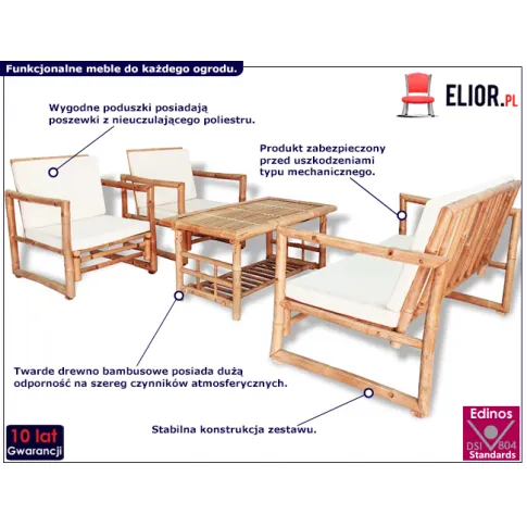 Zestaw bambusowych mebli ogrodowych z poduszkami Mollie 3X infografika