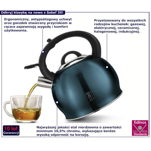 Tradycyjny czajnik z gwizdkiem Sabef 3X kolor morski