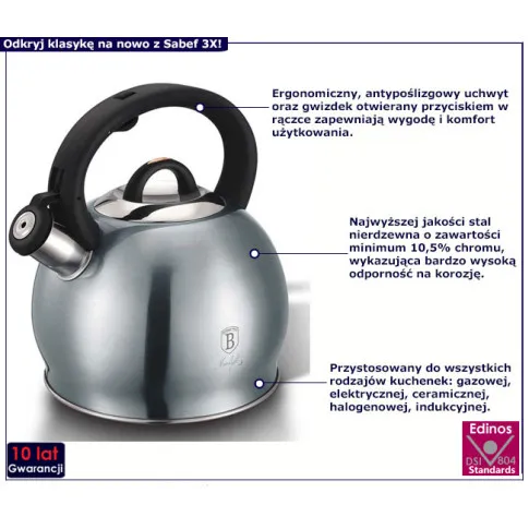Tradycyjny czajnik z gwizdkiem 3L Sabef 3X szaro-niebieski
