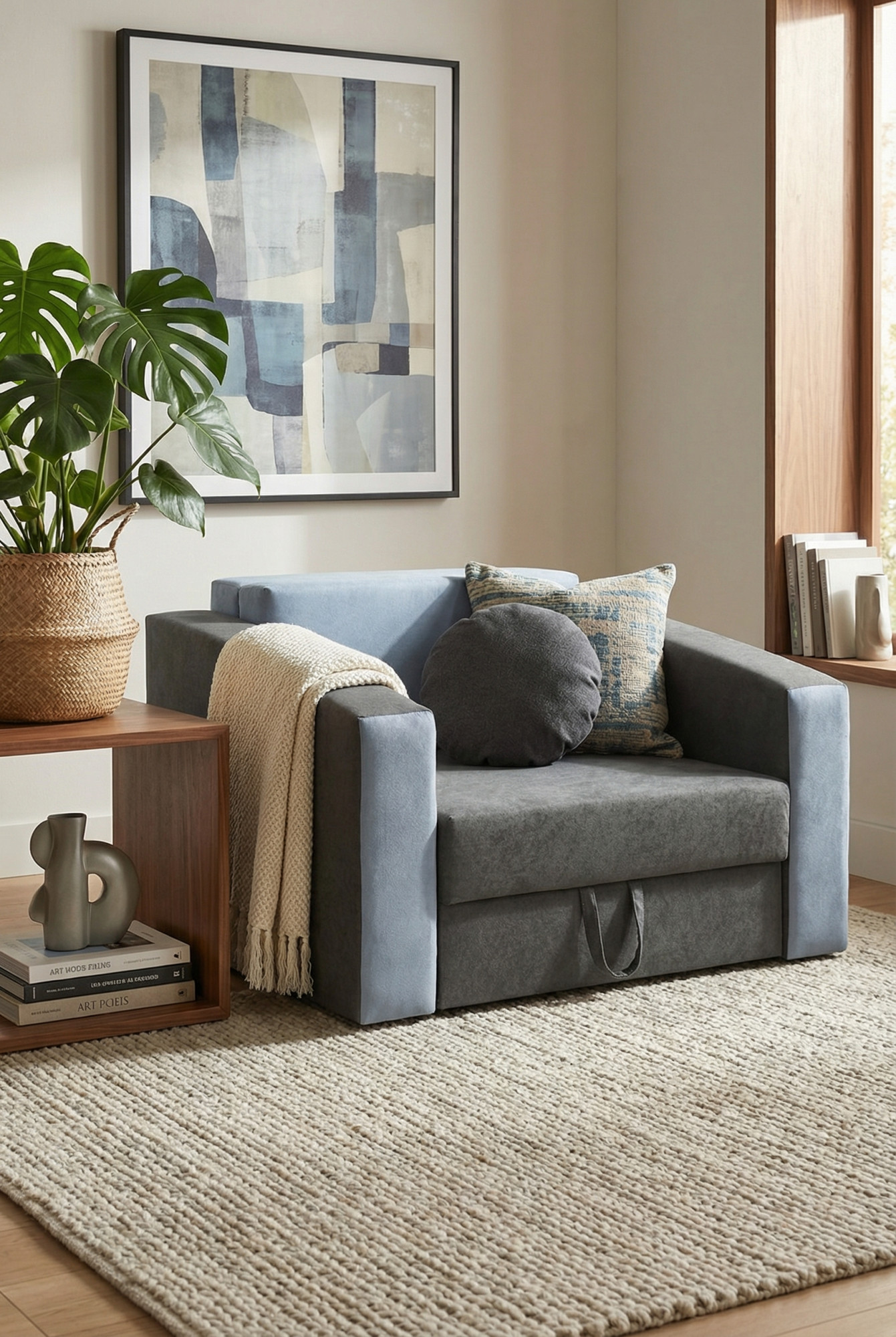 Niebiesko szary fotel Dorilla 16 w nowoczesnym wnętrzu