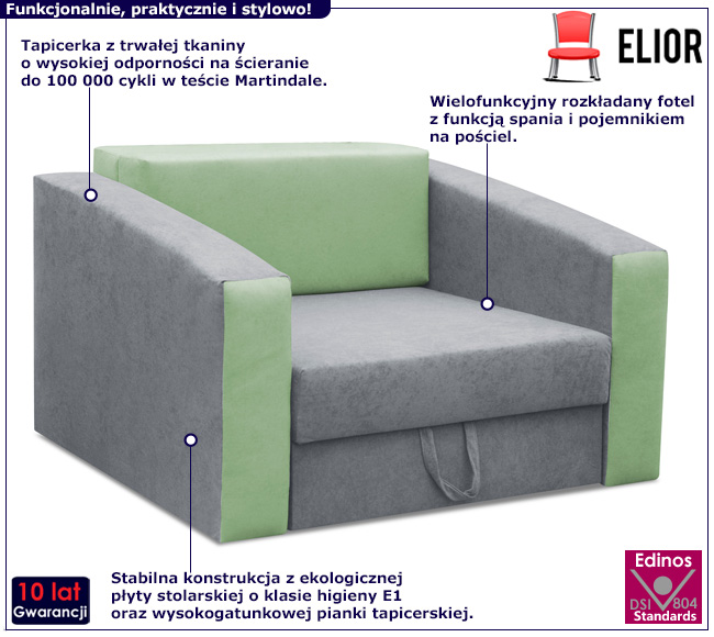 Szaro-zielony fotel amerykanka rozkładana Zolico 15X