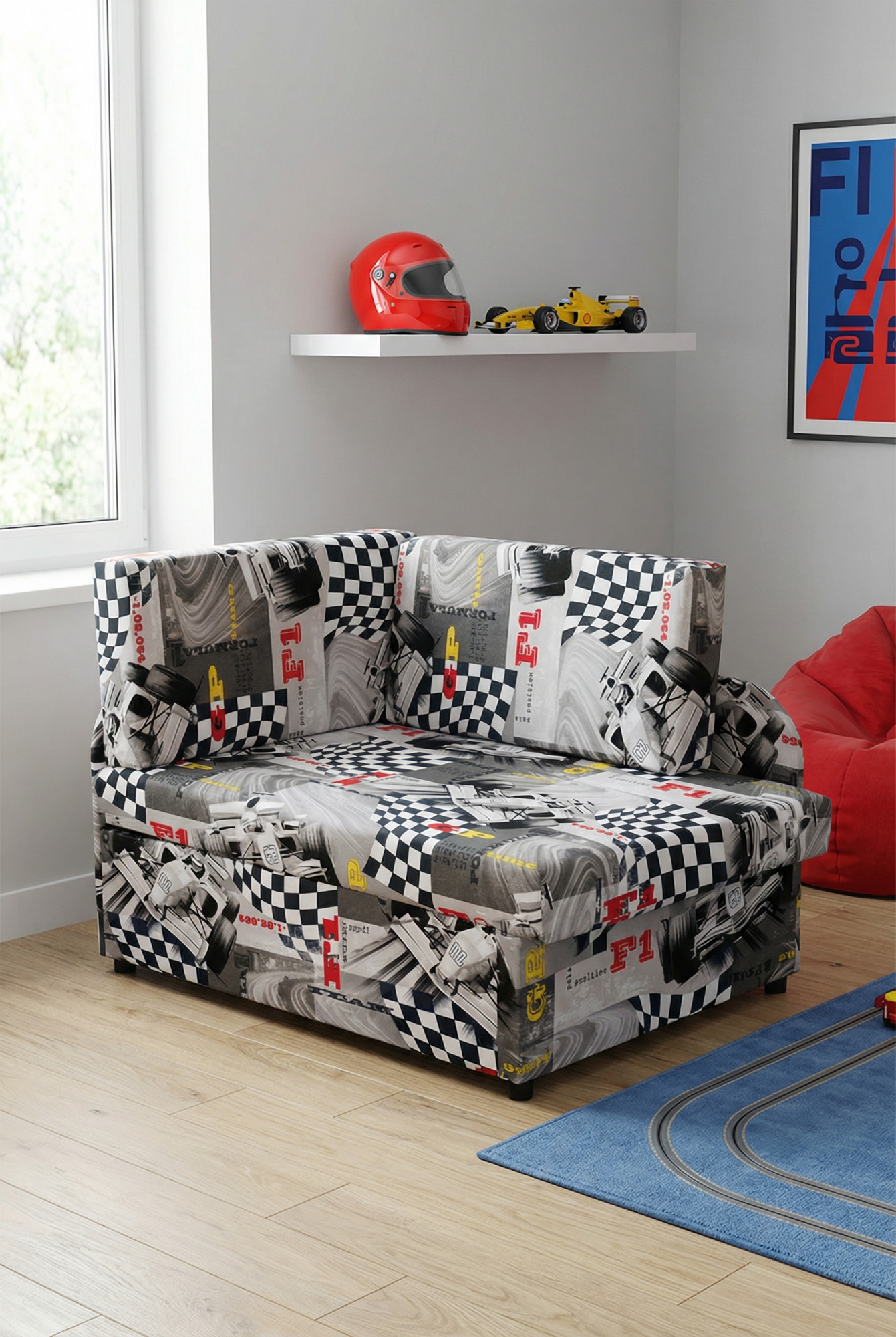 Aranżacja pokoju chłopięcego z tapczanem z motywem wyścigówki Paster 3X