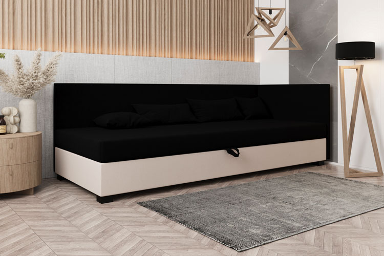 Wizualizacja narożnego łóżka tapicerowanego Martinez czarny + ecru