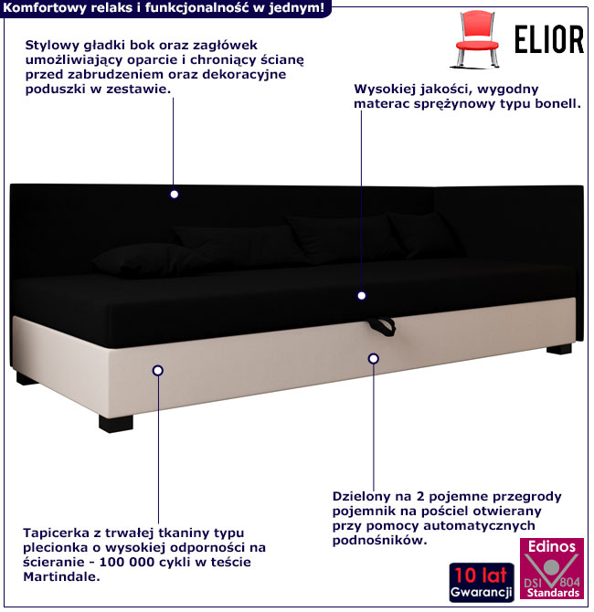 Nowoczesne narożne łóżko młodzieżowe Martinez czarny + ecru