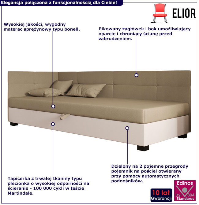 Nowoczesny tapczan narożny z pojemnikiem Sawwa jasny brąz + ecru