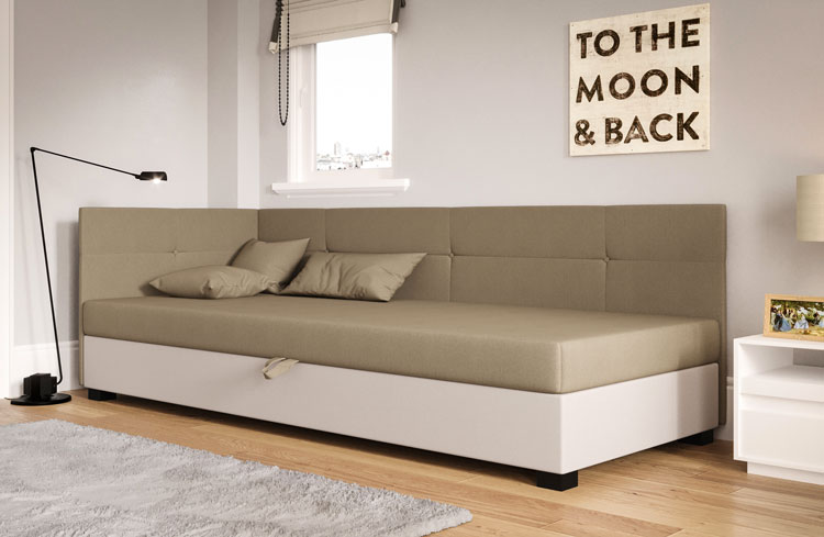 Sypialnia z wykorzystaniem narożnego tapczanu młodzieżowego Sawwa jasny brąz + ecru