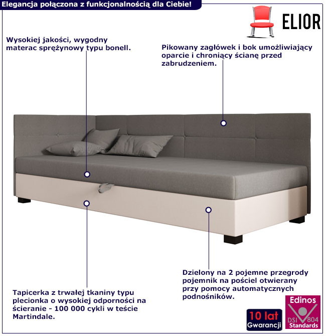 Nowoczesny narożny tapczan z pojemnikiem Sawwa jasny szary + ecru