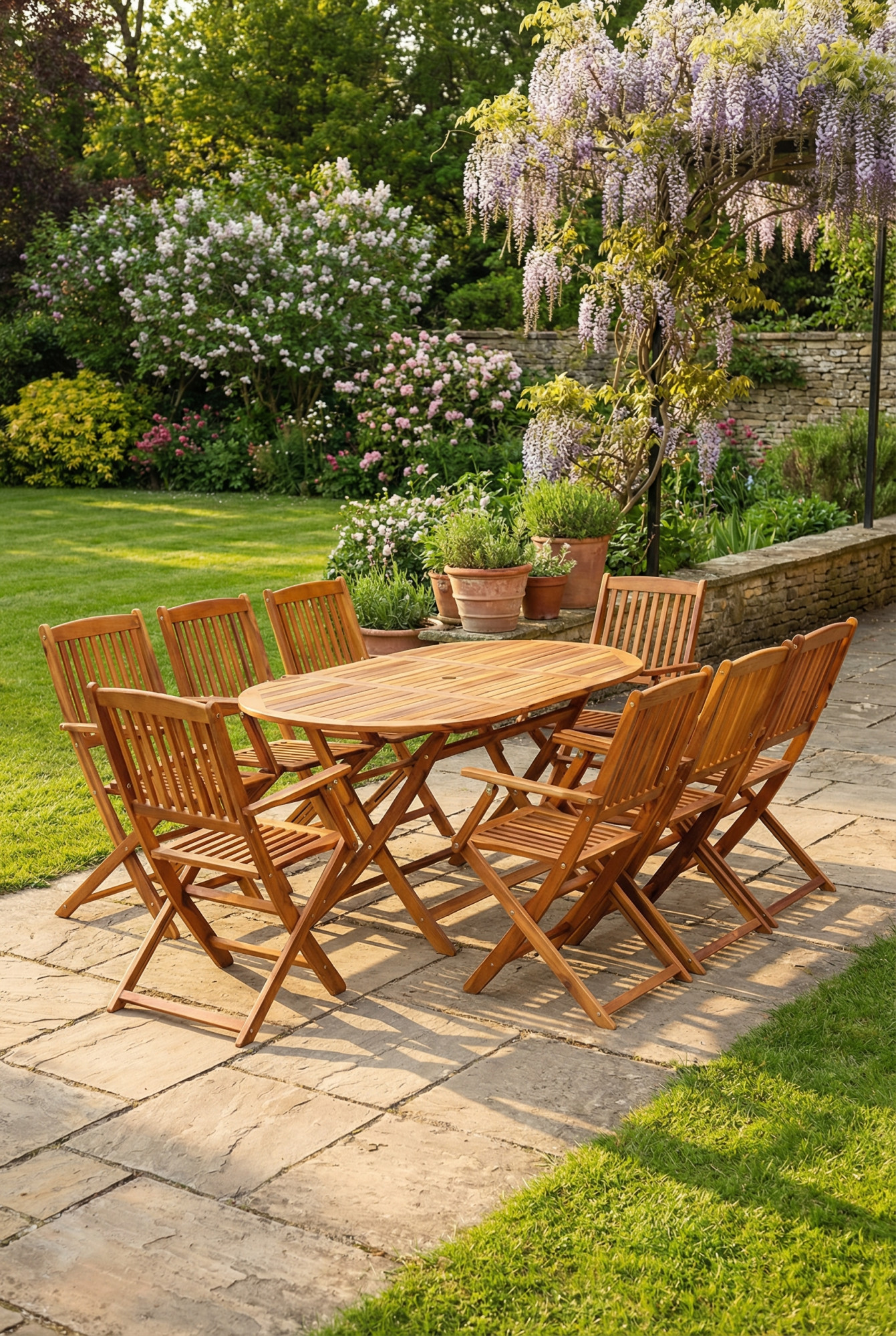 Aranżacja ogrodu z zestawem drewnianych mebli ogrodowych Stina 3X