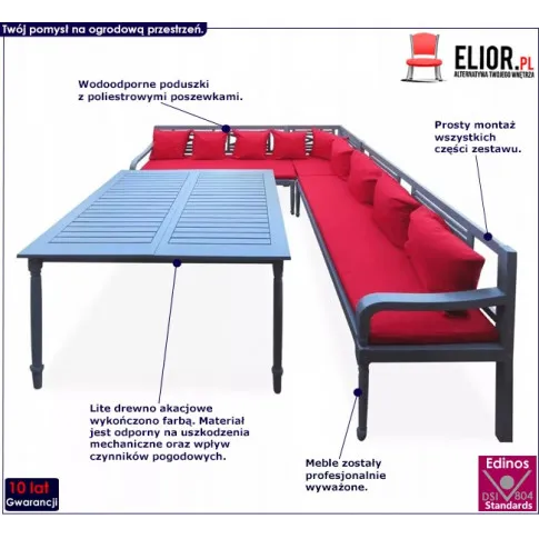 Zestaw szaro-czerwonych drewnianych mebli ogrodowych Alfred infografika