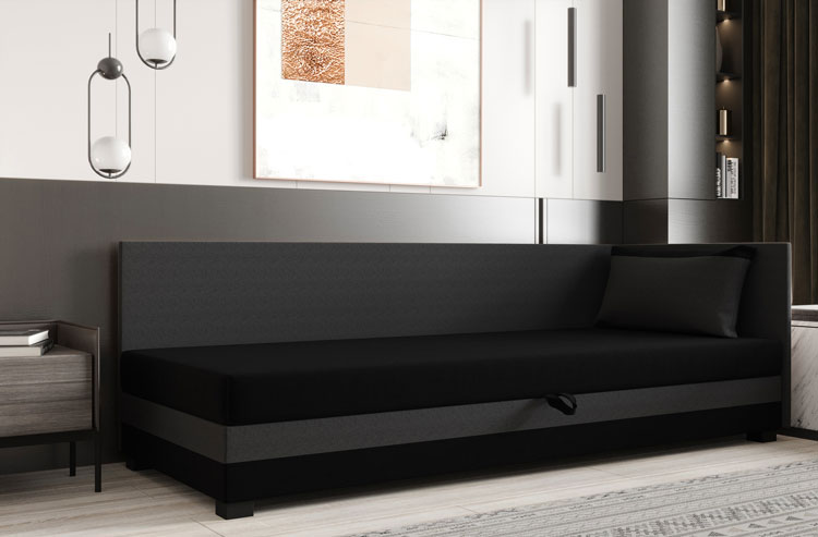 Młodzieżowe łóżko tapicerowane dla chłopca Haxel czarny + ciemny szary w nowoczesnym wnętrzu