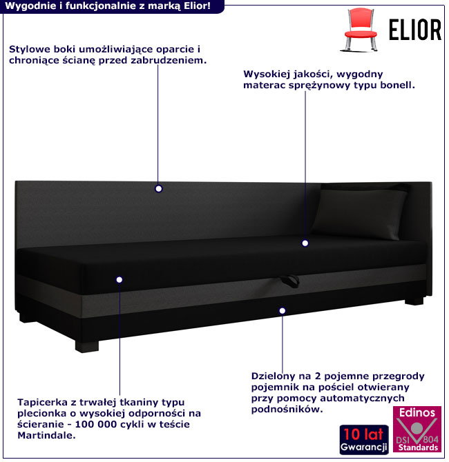 Narożny tapczan z pojemnikiem czarny + ciemny szary Haxel