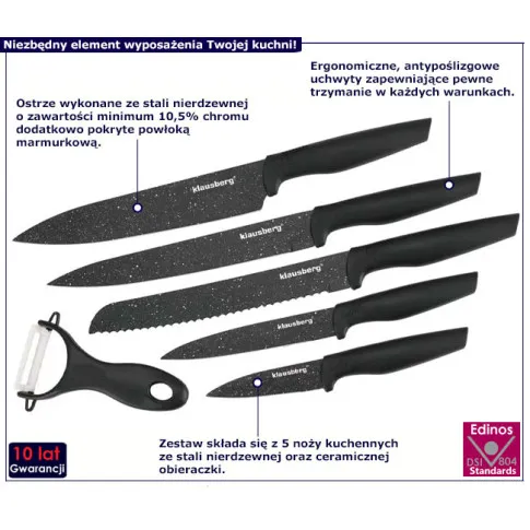 5 noży z powłoką marmurkową z obieraczką Odefi 4X