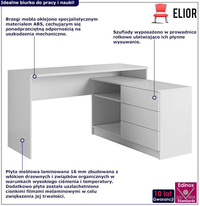 Białe narożne biurko z szufladami Mulins