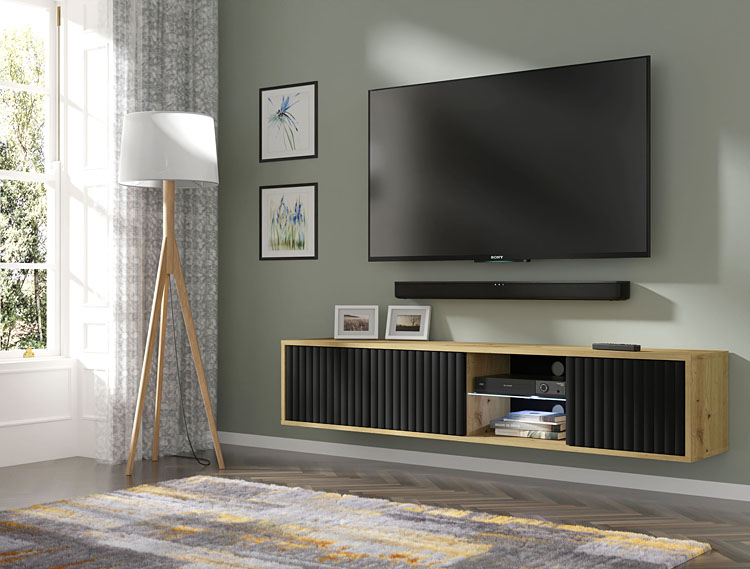 Wizualizacja aranżacji z wiszącą szafką rtv dąb artisan + czarny Venton