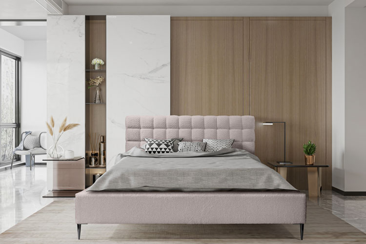 Sypialnia nowoczesna z wykorzystaniem łóżka tapicerowanego Idor cappuccino