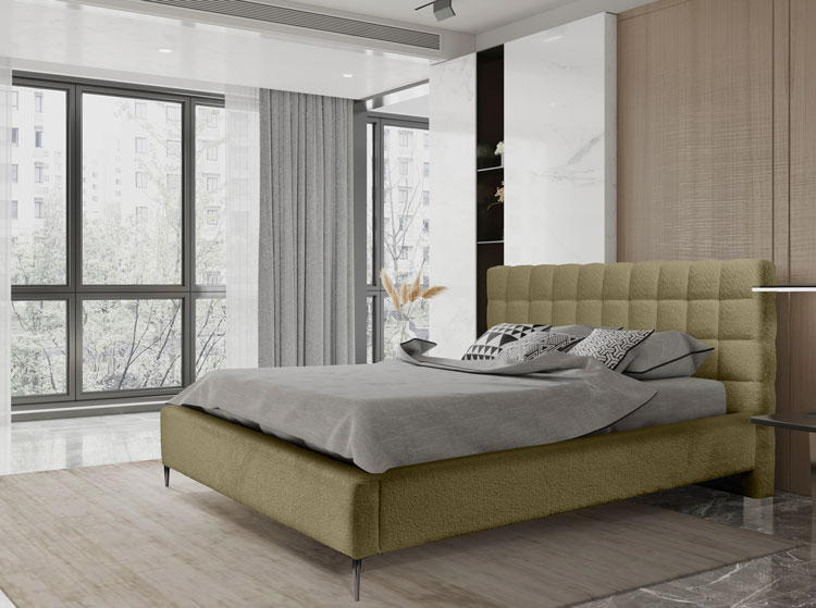 Sypialnia nowoczesna z wykorzystaniem łóżka tapicerowanego Idor oliwkowy