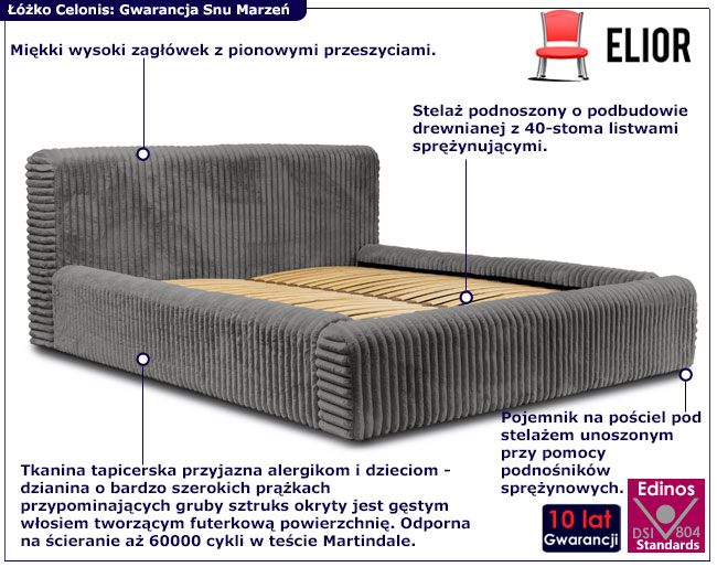 Szare pluszowe łóżko z zagłówkiem i pojemnikiem Modo