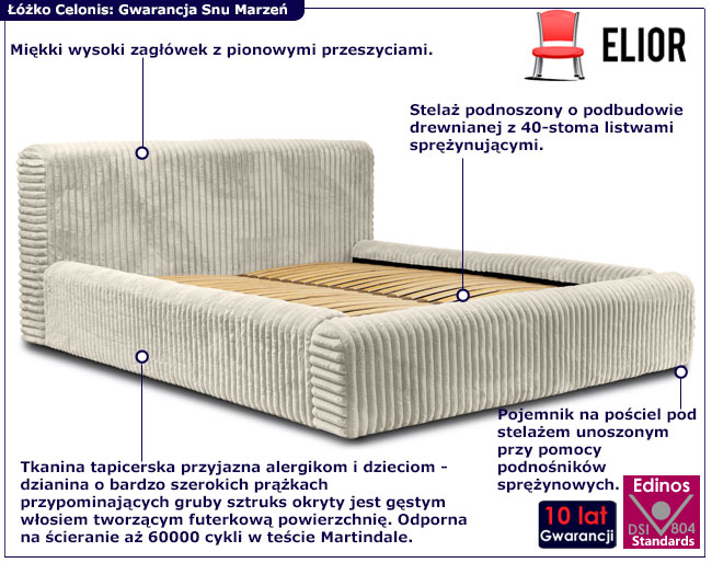 Kremowe pluszowe łóżko z zagłówkiem i pojemnikiem Modo