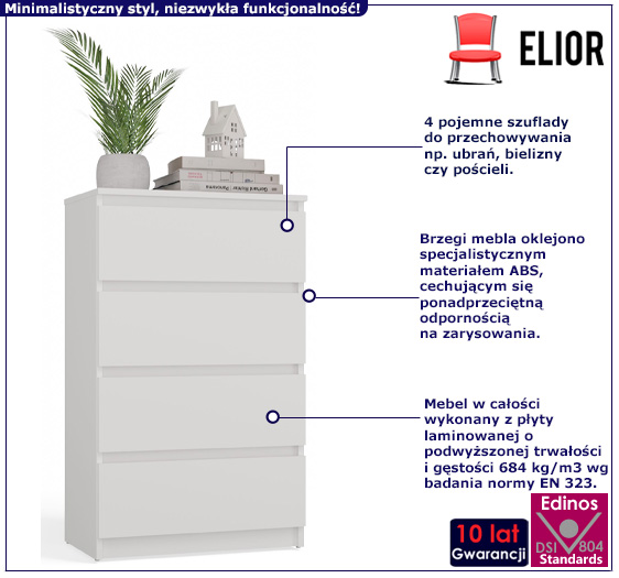 Biała komoda z 4 szufladami szerokości 60 cm Sulli 4X