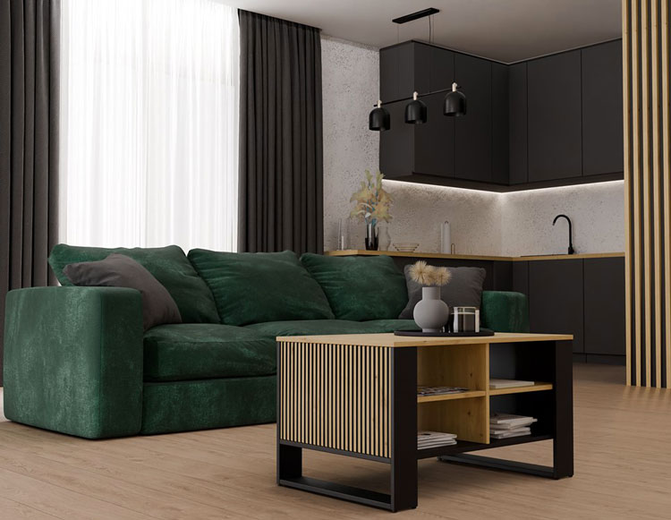 Salon z wykorzystaniem lamelowego stolika kawowego Renfi 7X