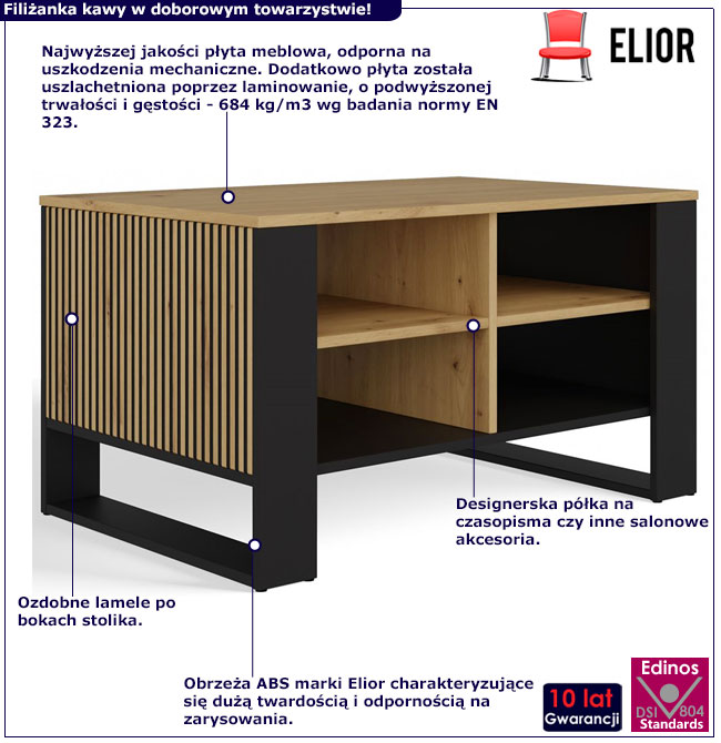 Infografika designerskiej ławy lamelowej z półkami Renfi 7X