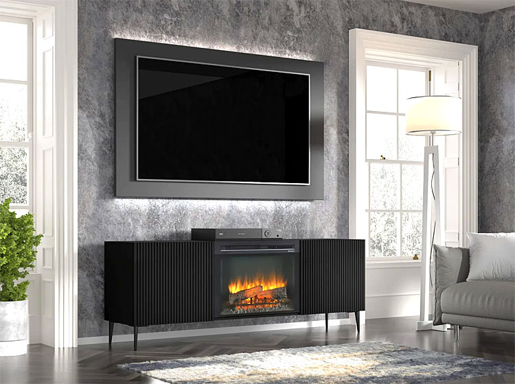 Wizualizacja aranżacji z czarną szafką rtv z wbudowanym kominkiem Melis 18X