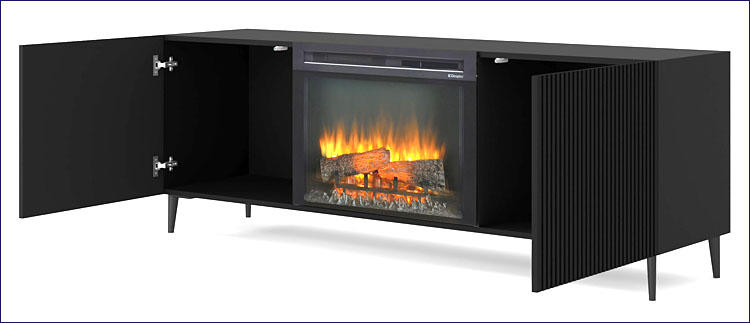 układ wnętrza czarnej szafki rtv z kominkiem Melis 18X