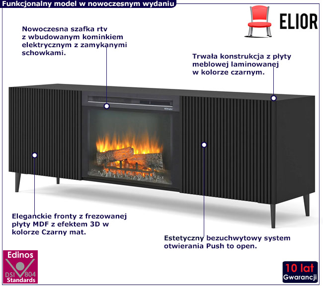 Lamelowa czarna szafka rtv z kominkiem Melis 18X