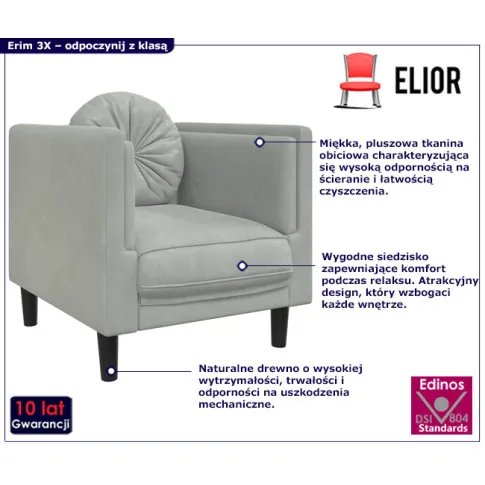 Jasnoszary fotel z poduszka na nózkach Erim 3X