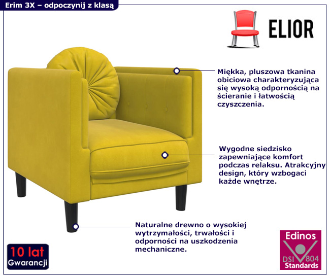 Żółty aksamitny fotel z poduszką FINO 3X