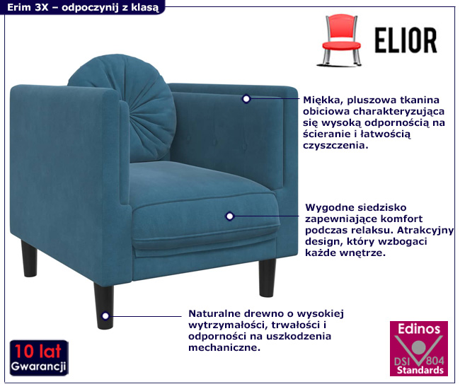 Niebieska stylowa sofa wypoczynkowa FINO 3X