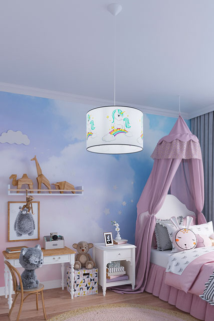 Dziecięca lampa wisząca z abażurem z motywem jednorożca A367-Tirena
