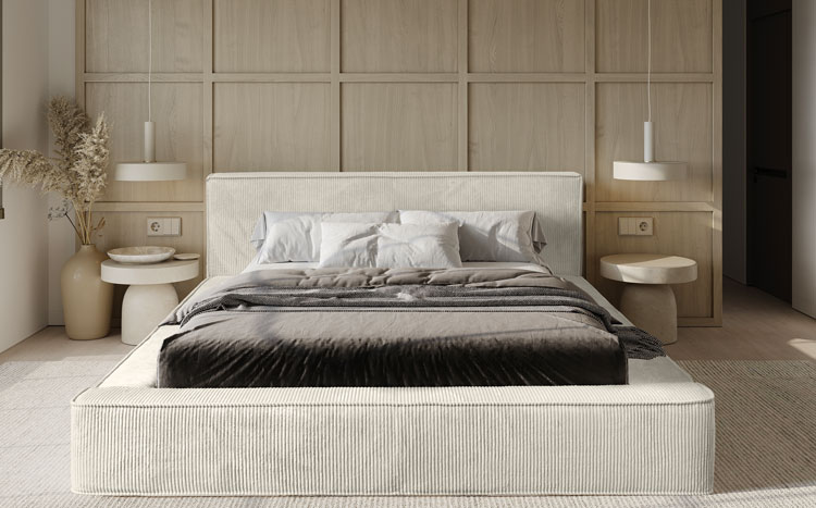 Minimalistyczna sypialnia z wykorzystaniem łóżka Corel ecru