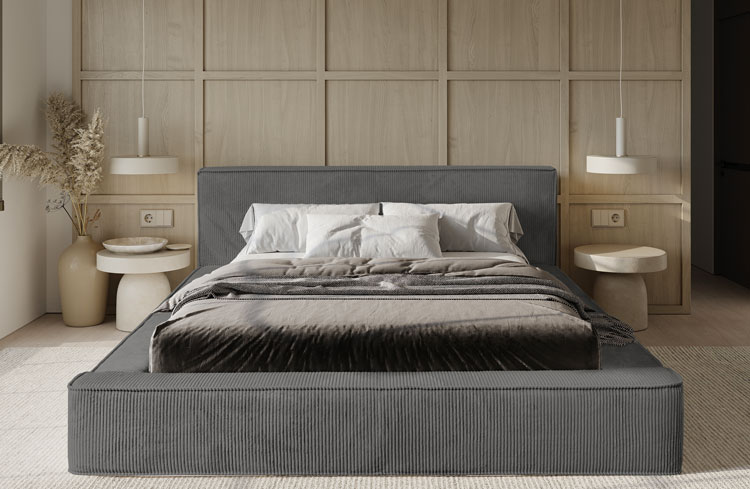 Minimalistyczna sypialnia z wykorzystaniem łóżka Corel szarego