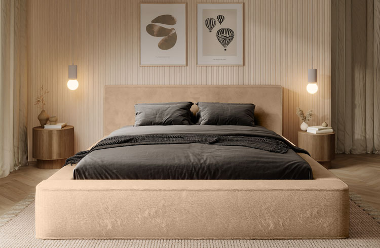 Sypialnia z łóżkiem tapicerowanym pluszowym jasnobeżowym Artemis