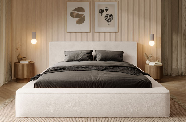 Sypialnia z łóżkiem tapicerowanym pluszowym śmietankowym Artemis