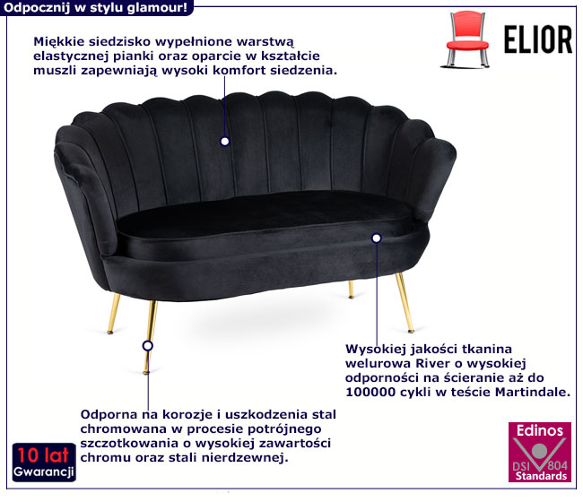 Czarna welurowa sofa muszelka do salonu Nala