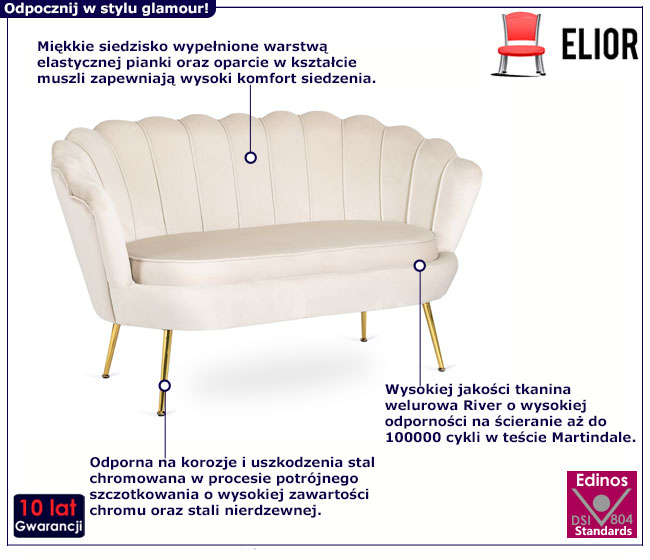 Kremowa welurowa sofa muszelka do salonu Deos