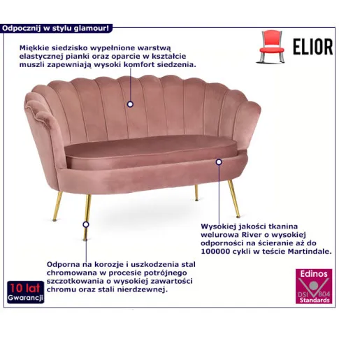 Różowa sofa welurowa na złotych nogach Avet