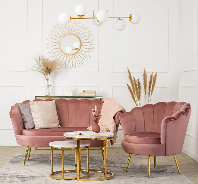 Różowa dwuosobowa sofa glamour z oparciem muszelka Avet