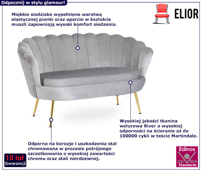 Szara welurowa sofa muszelka do salonu Avet