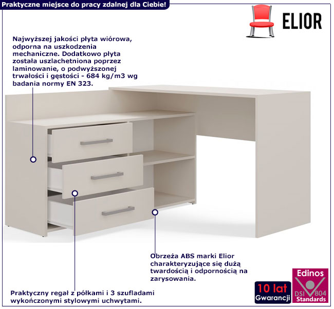 Infografika nowoczesnego biurka narożnego Moreli kaszmir