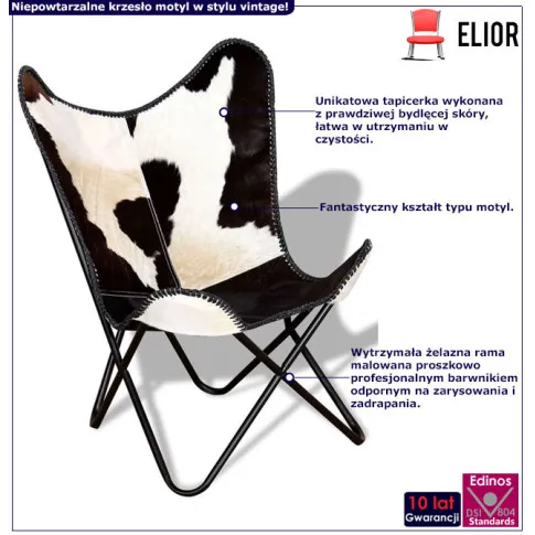 Skórzane krzesło z siedziskiem z czarno-białej skóry bydlęcej Loco 4X