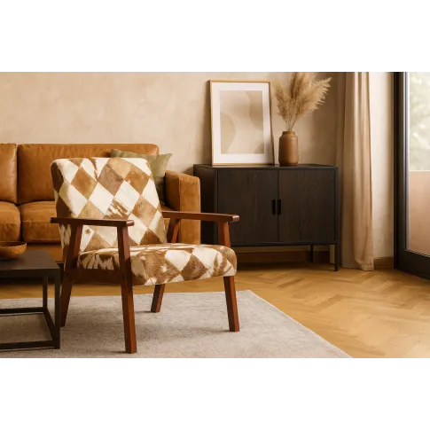 Drewniany tapicerowany skórą naturalną fotel lisek   Medison