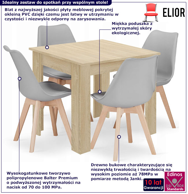 Kwadratowy stół z krzesłami Camino 3X dąb sonoma + szary