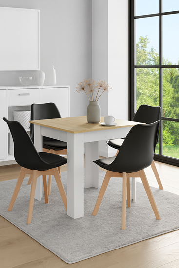 Kwadratowy stół biały i dąb sonoma z czarnymi krzesłami 4 szt Camino 3X