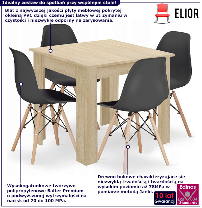 Stół dąb sonoma z 4 czarnymi krzesłami Camino 4X