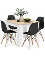 Kwadratowy stół biały + dąb sonoma z 4 czarnymi krzesłami - Camino 4X w sklepie Edinos.pl