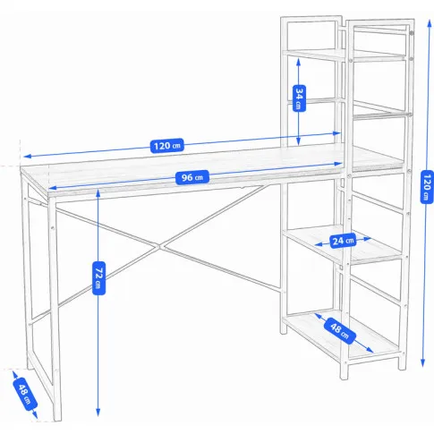 Wymiary loftowego biurka z regałem Lioxio